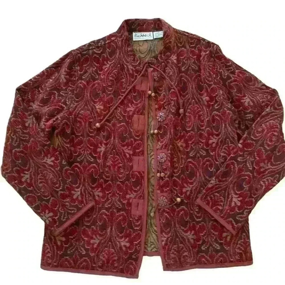 Vintage 90s Flashback Tapestry Jacket Red Burgundy Wooden Size M Button Detail - Picture 1 of 10